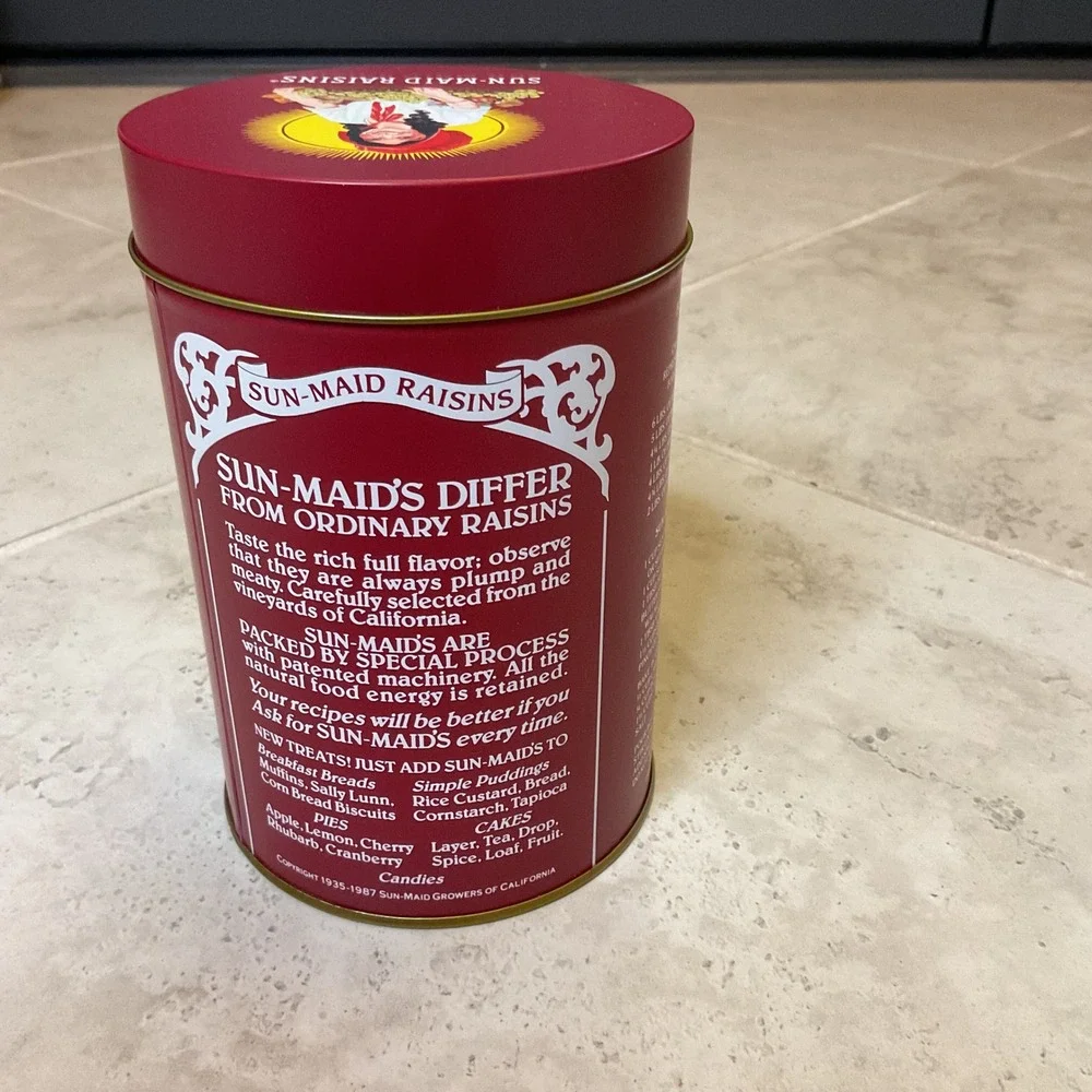 Vintage Sun-Maid Raisins Collectible Red Metal Tin Storage Canister with Recipe